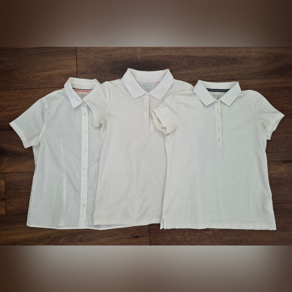 (3) Girls Sz 14/16 White Uniform Polo & Button-Down Shirts LIKE NEW